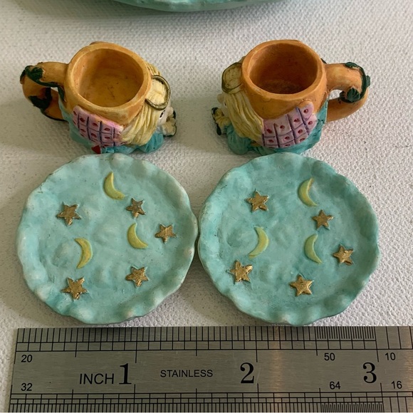 Miniature Tea Set Angels Tea Cups Plates Moon Stars Resin VTG 1995 Young's Inc - Picture 15 of 16